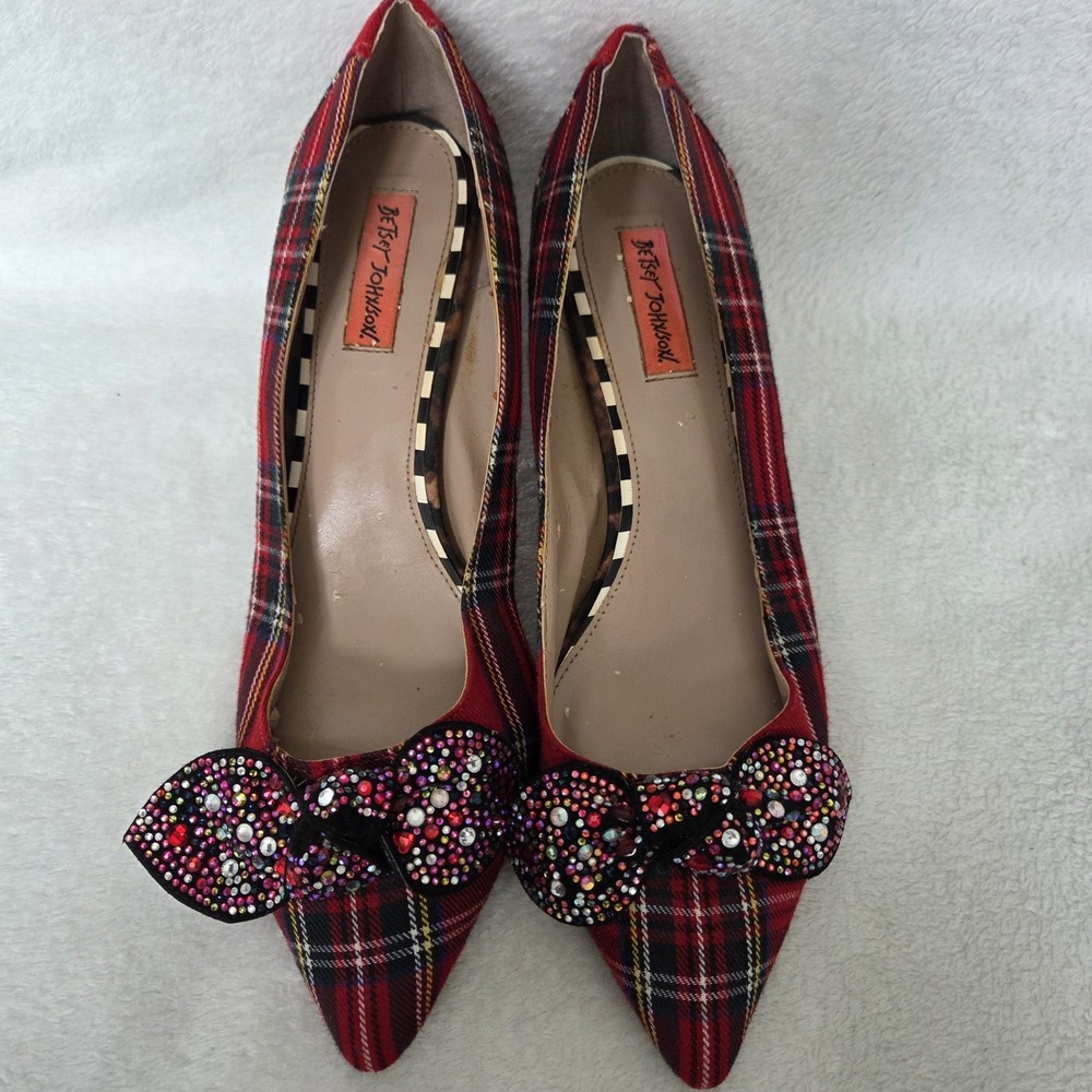 Betsey Johnson Pumps Red Plaid Rhinestone Bow Sz 11